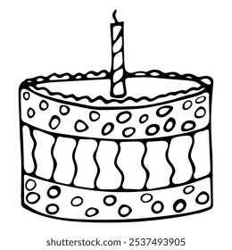 Cute single hand drawn doodle cream cake with candle. Vector black line clip art in simple style. Element for greeting cards, posters, stickers and birthday design. Isolated on white.