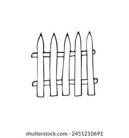 Cute single hand drawn fence for garden, parks. Wooden decorative board fence. Black line simple doodle vector illustration. Isolated on white background.