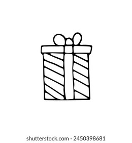 Cute single hand drawn New Year, Xmas, Easter, birthday gift box with bow. Black line doodle vector illustration for greeting cards, posters, stickers and seasonal design. Isolated on white background