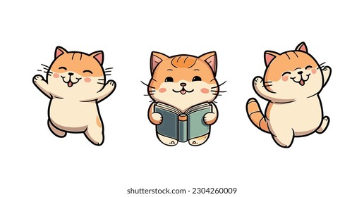 Cute single happy cat in different poses vector drawing in the 2D game, poses, cartoon style, vector illustration, soft color tone, outline, 
kawaii
