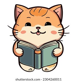 Dibujo de un solo gato feliz de lectura de libro vector en el juego 2D, poses, estilo de dibujos animados, ilustración vectorial, tono de color suave, contorno, 
kawaii