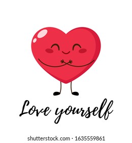 Cute single heart hug itself. Love yourself concept. happy Valentine's day greeting card