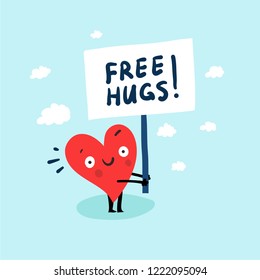 Cute single heart looking for a love with hand-drawn poster "Free Hugs!". Vector  illustration valentine's day card