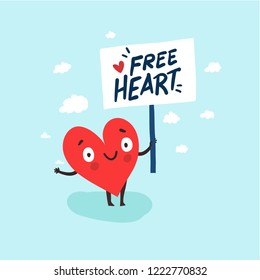 Cute single heart looking for a love with hand-drawn poster "Free Heart". Vector  illustration valentine's day card