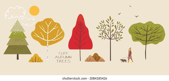 Cute single illustration of autumn trees, fir trees, birch, bushes, leaves, woman, dog, birds, sun and clouds. Autumn walk objects and nature elements to create a landscape. Vector illustration.