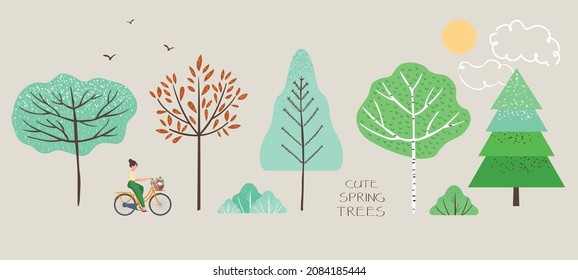 Cute single illustration of spring trees, fir trees, birch, bushes, leaves, woman on bicycle, birds, sun and clouds. Spring walk objects and nature elements to create a landscape. Vector illustration.