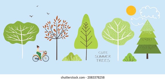 Cute single illustration of summer trees, fir trees, bushes, leaves, flowers, woman, bicycle, birds, sun and clouds. Summer walk objects and nature elements to create a landscape. Vector illustration.