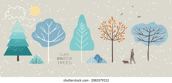 Cute single illustration of winter trees, fir trees, bushes, leaves, woman, dog, birds, sun, snow and clouds. New year, christmas objects and nature elements to create a landscape. Vector illustration