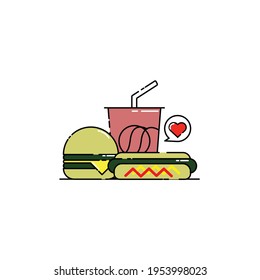 Cute single package of hotdog, burger, soda with love Illustration. junk food. fast food. modern simple food vector icon, flat graphic symbol in trendy flat design style.