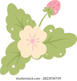 Cute Single Strawberry Flower and Leaves Cartoon