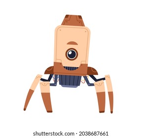 Cute single-eyed robot toy standing on metal legs-tentacles. Funny childish futuristic bot. Portrait of modern machine for kids. Colored flat cartoon vector illustration isolated on white background