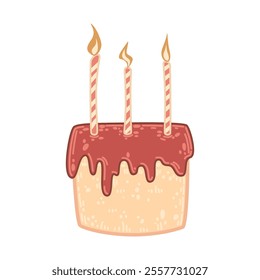 Cute single-tier birthday cake with red icing drips and striped candles. Perfect for festive occasions, kids parties, or dessert-themed graphics. Hand-drawn style charm to invitations, cards, or decor