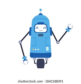 Cute single-wheeled robot toy. Funny kids bot with happy smiling face and AI. Adorable cyborg. Modern futuristic humanoid machine design. Colored flat vector illustration isolated on white background