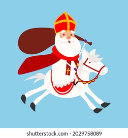 Cute Sinterklaas or Saint Nicholas jumping with his horse - vector illustration