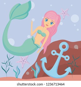 cute siren with anchor and starfish