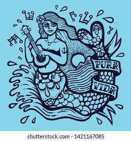 Cute siren mermaid exotic girl playing ukulele with sea and shining sun tropical paradise landscape tattoo style monochrome vector illustration t-shirt or sticker design