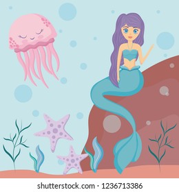 cute siren with octopus and starfish