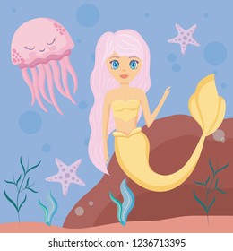 cute siren with octopus and starfish