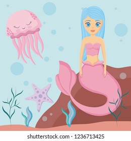 cute siren with octopus and starfish