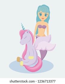 cute siren with unicorn of fairy tale