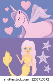 cute siren with unicorn of fairy tale