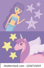 cute siren with unicorn of fairy tale