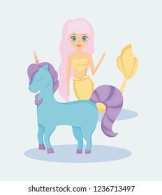 cute siren with unicorn of fairy tale