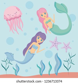 cute sirens with octopus and starfish
