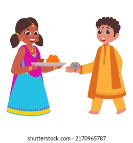 Cute Sister And Brother Celebrating Rakhi Festival On White Background.