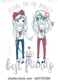 Cute Sisters Best Friends With Dog Hand Drawn Vector Illustration