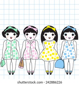 Cute Sisters Fashionistas paper note illustration set