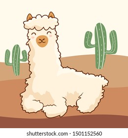 Cute Sit Alpaca Character Cartoon Animal Sit Llama Vector