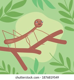 cute sitck insect on a branch over green background, colorful design, vector illustration