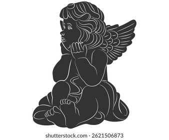 Cute Sitting Angel Silhouette – Peaceful Winged Child Vector Illustration