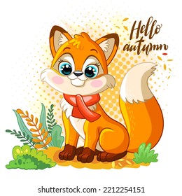 Cute sitting autumn fox in scarf on nature. Lettering hello autumn. Cartoon character. Vector isolated illustration. For print and design, poster, card, sticker, room decor, party, kids apparel