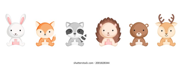 Cute sitting baby animals in cartoon style. Collection woodland animals characters for kids cards, baby shower, birthday invitation, house interior. Bright colored childish vector illustration.