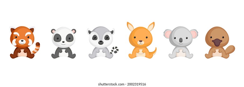 Cute sitting baby animals in cartoon style. Collection animals characters for kids cards, baby shower, birthday invitation, house interior. Bright colored childish vector illustration.