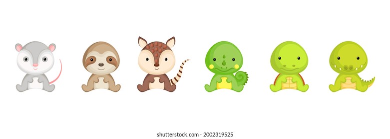 Cute sitting baby animals in cartoon style. Collection exotic animals characters for kids cards, baby shower, birthday invitation, house interior. Bright colored childish vector illustration.