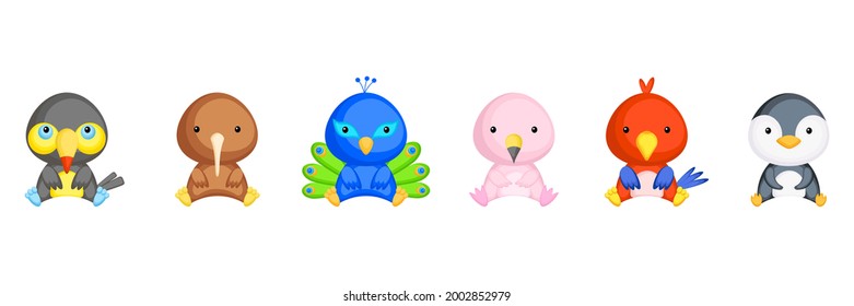 Cute sitting baby animals in cartoon style. Collection tropical birds characters for kids cards, baby shower, birthday invitation, house interior. Bright colored childish vector illustration.