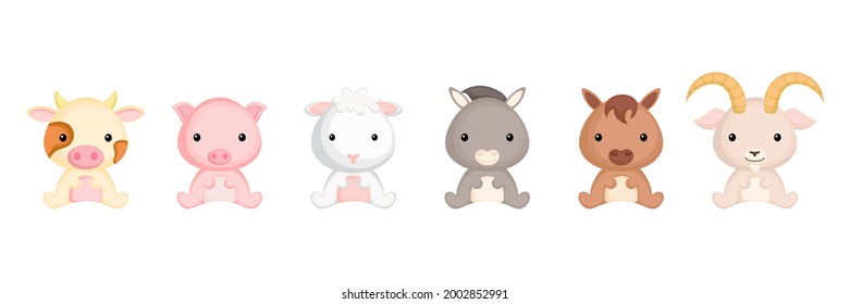 Cute sitting baby animals in cartoon style. Collection farm animals characters for kids cards, baby shower, birthday invitation, house interior. Bright colored childish vector illustration.