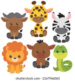 Cute sitting baby animals vector cartoon illustration. Jungle baby animals. Zoo animals. Safari African animals. 