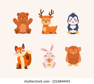 Cute sitting baby animals vector cartoon illustration. Jungle baby animals. Jungle characters - bear, fox, penguin, deer, rabbit, and owl . Cute jungle animals