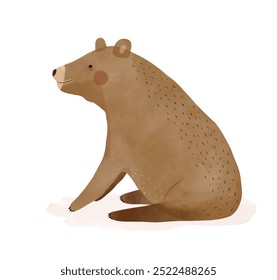 Cute Sitting Baby Bear. Brown Hand-painted Teddy Bear on a White Background. Lovely Nursery Art with Young Bear ideal for Wall Art, Poster, Card. Woodland Animal. RGB.