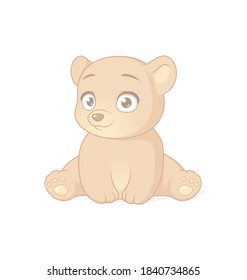 Cute sitting baby bear cartoon character. Vector illustration isolated on white background.