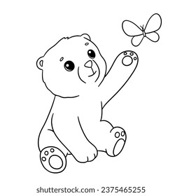 Osito de bebé sentado jugando con mariposa. Dibujo manual de dibujo de la ilustración del contorno vectorial para el libro de coloreado. Animales de línea aislados en blanco