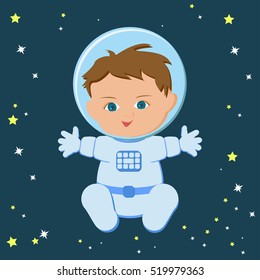 Cute sitting baby boy astronaut in a spacesuit and helmet isolated on a starry dark blue sky background. Children dream job, future profession. Cartoon vector illustration in flat style.