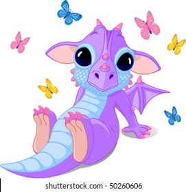 Cute sitting baby dragon with butterflies