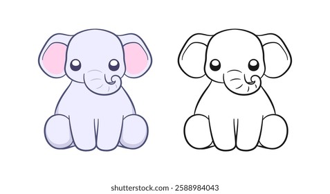 Cute sitting baby elephant cartoon front view colored and outline illustration set. Easy animal coloring book page activity for kids