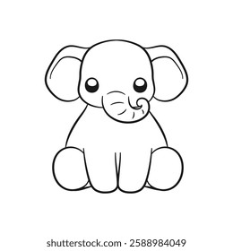 Cute sitting baby elephant cartoon front view outline illustration. Easy animal coloring book page activity for kids