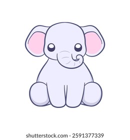 Cute sitting baby elephant front view cartoon illustration. Animal mammal with big ears and trunk clipart for kids.